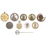 Assorted brooches, pins, pendants, etc, all made from coins of Edward VII [10]. Varied state...