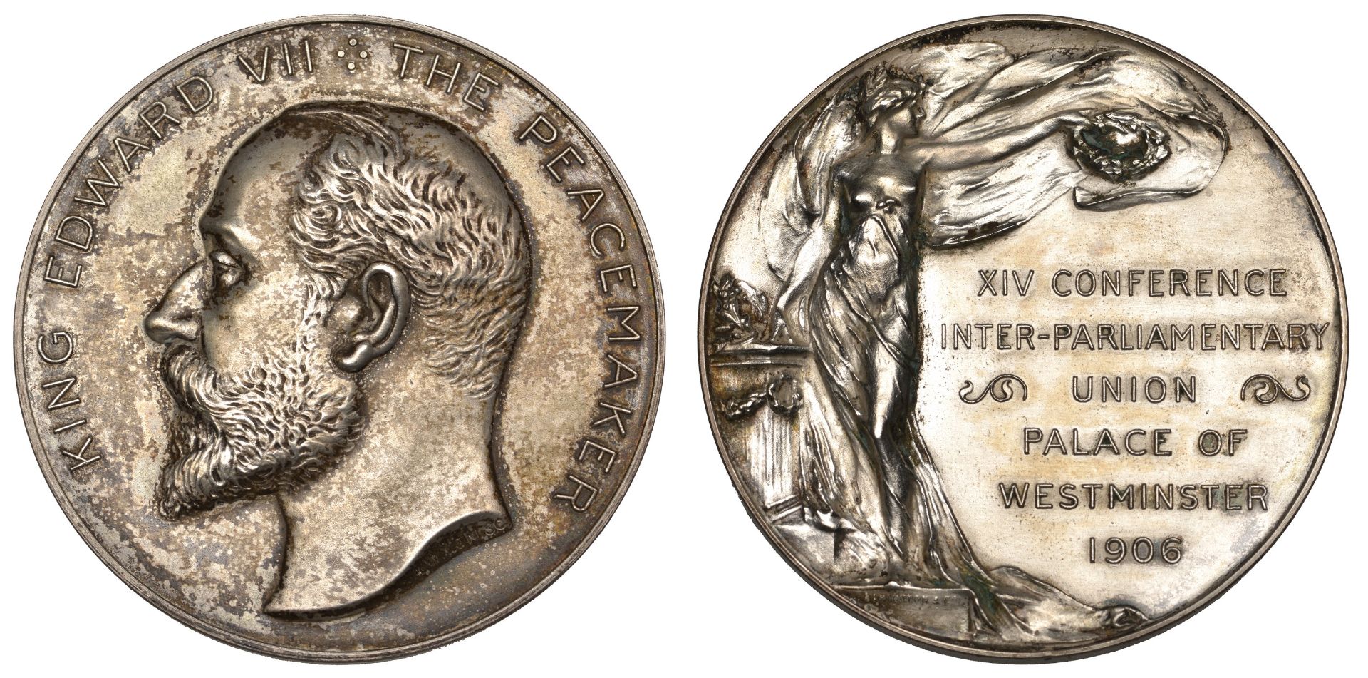 Inter-Parliamentary Conference, London, 1906, a silvered-bronze medal by A. Wyon for Elkingt...