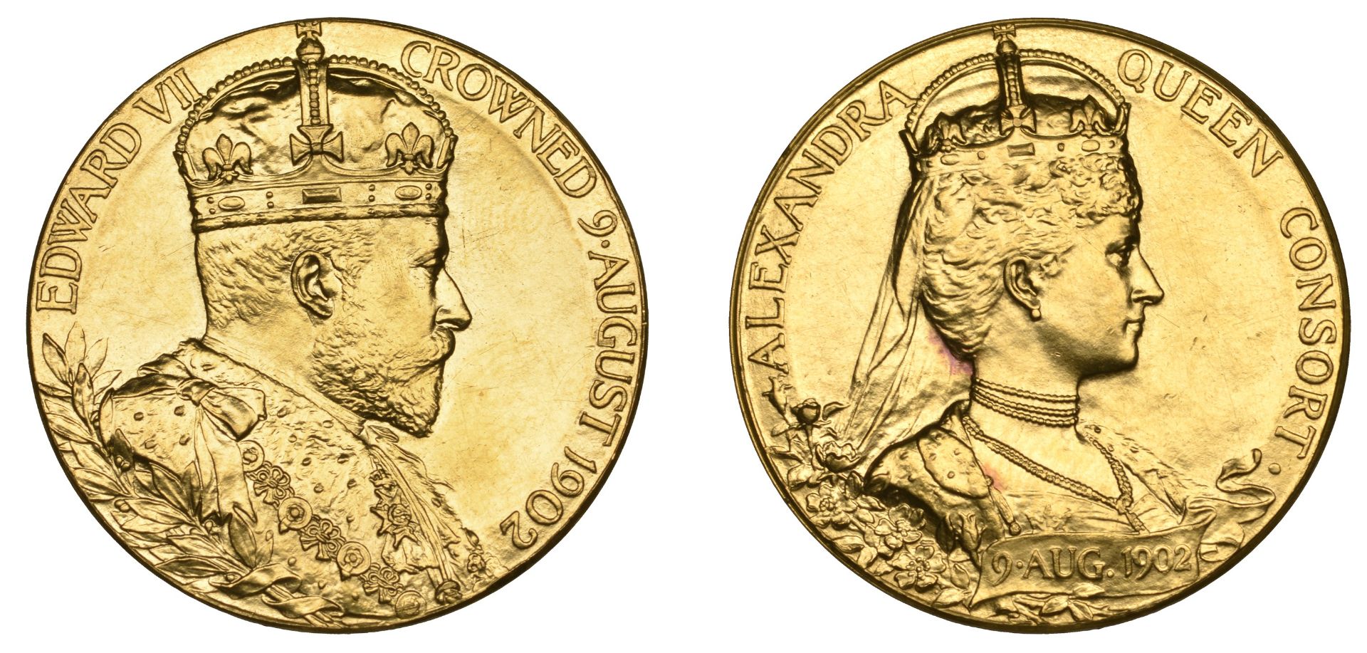 Coronation, 1902, a gold medal by G.W. de Saulles, crowned bust right, rev. crowned bust of...