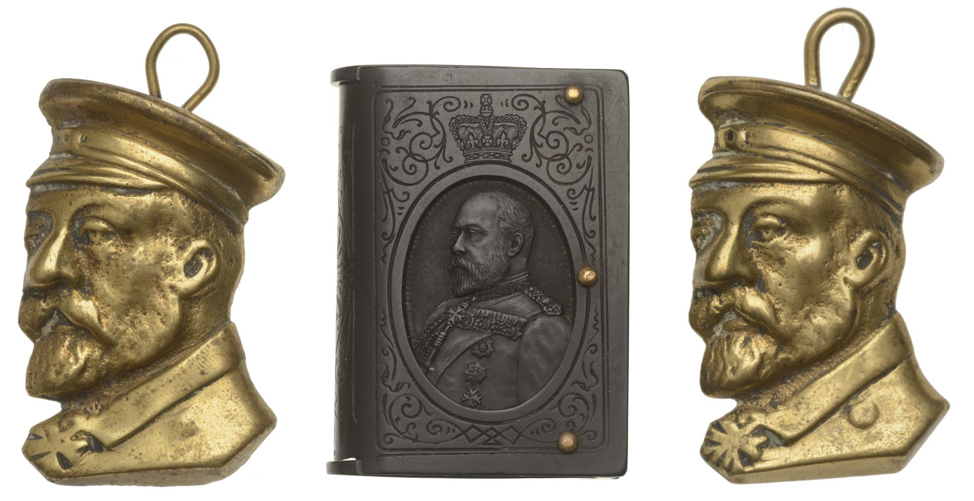 A Bakelite match safe, with bust of Edward VII on front and garter on back, 51 x 36 x 12mm;...