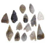 Antiquities, Stone Age, c. 4,000-1,500 BC, flint arrowheads (14), leaf-shaped (7), barbed an...