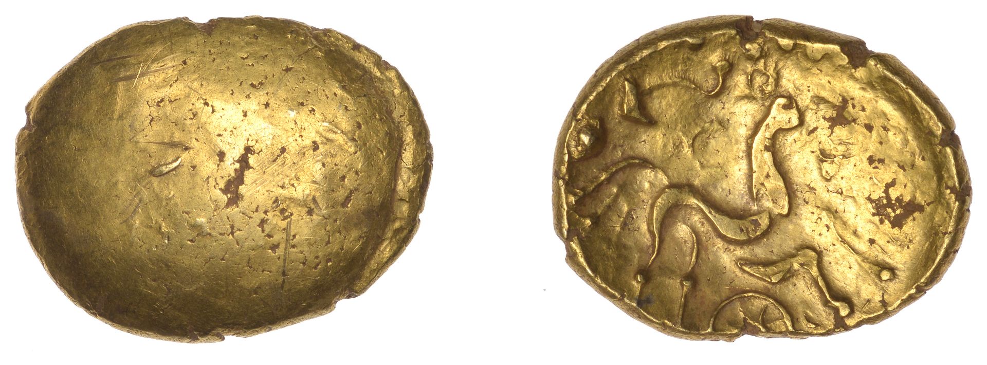 British Iron Age, Uninscribed series, Stater, British Qb [Remic type], obv. blank, rev. trip...