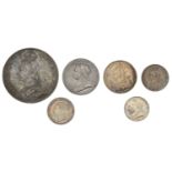 Victoria, Crown, 1889, Shilling, 1887, Sixpences (2, young and jubilee head), 1887, Fourpenc...