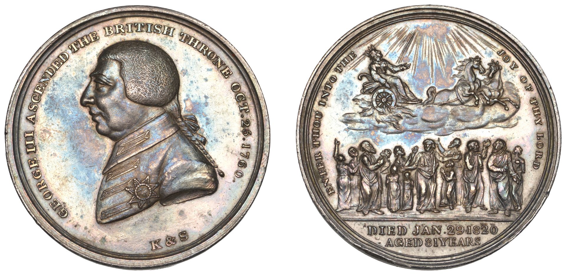 Death of George III, 1820, a silver medal by T. Wyon and Kempson & Son, uniformed bust left,...
