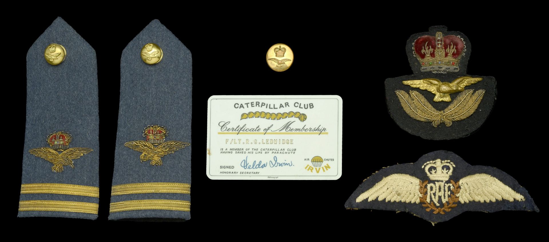 Caterpillar Club Certificate of Membership card 'F/Lt. R. G. Ledwidge'; together with the re...