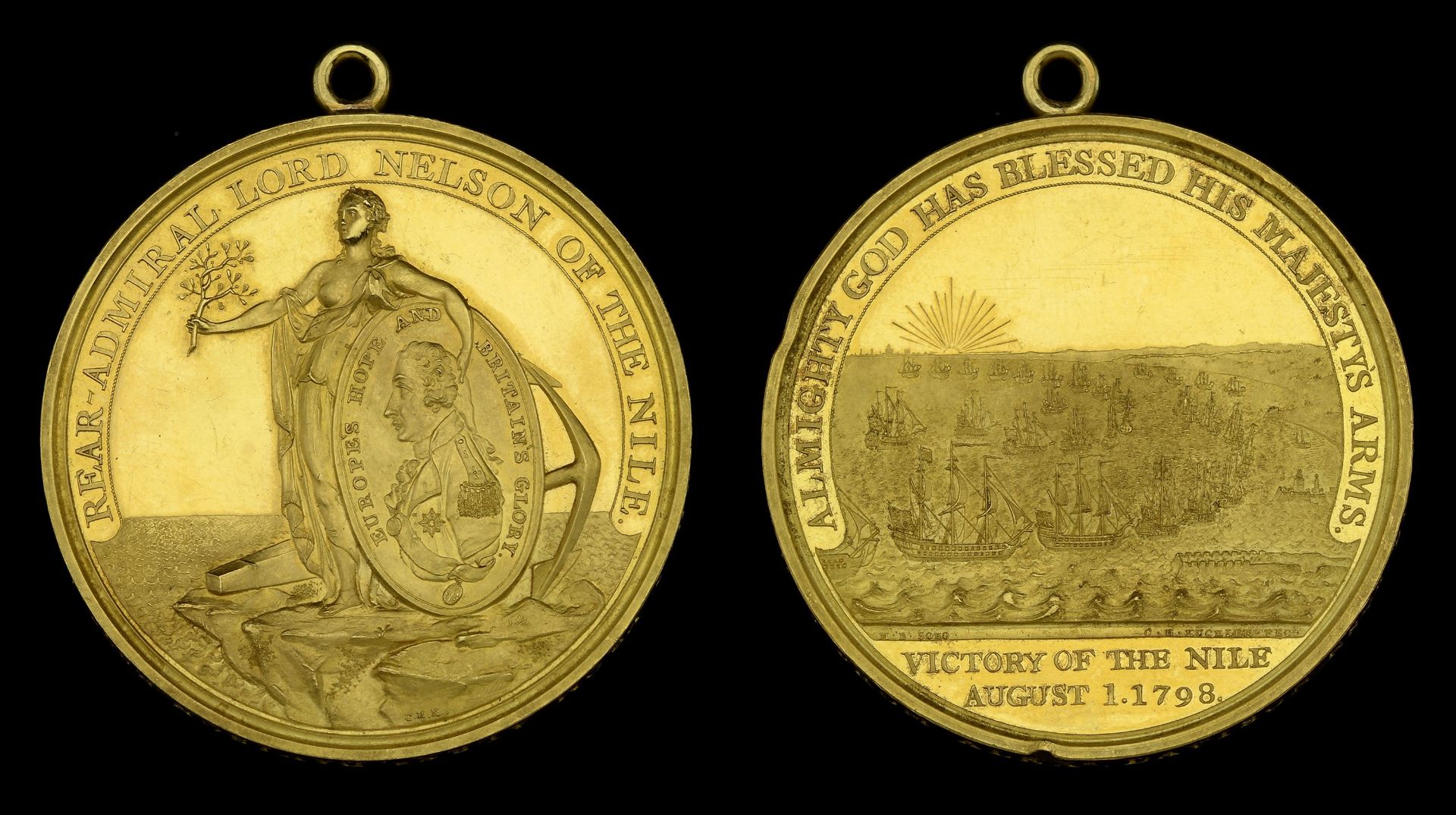 Alexander Davison's Medal for The Nile 1798, gold, 81.79g, fitted with small gold ring for s...