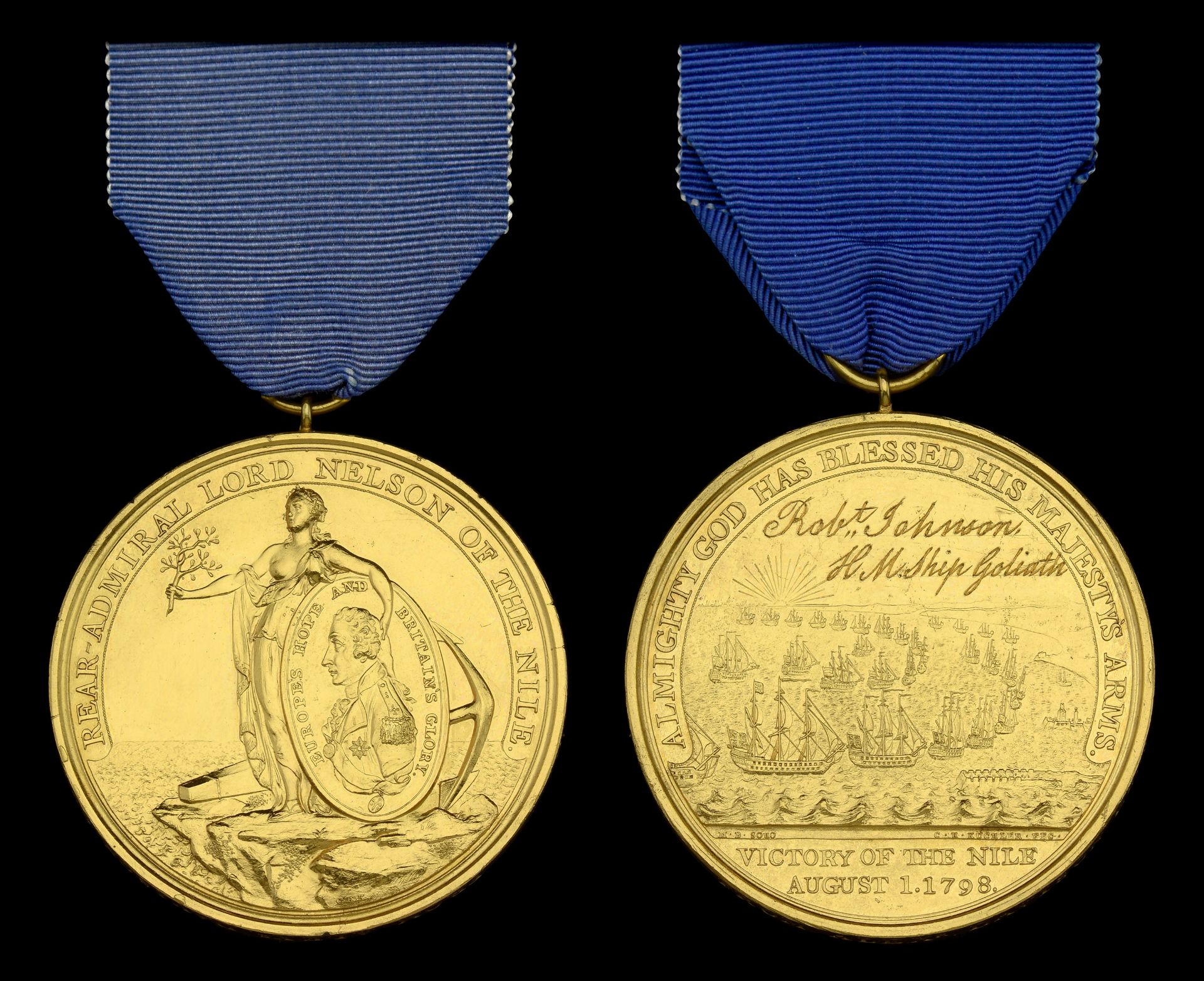 Alexander Davison's Medal for The Nile 1798, bronze-gilt, named on the reverse in fine runni...