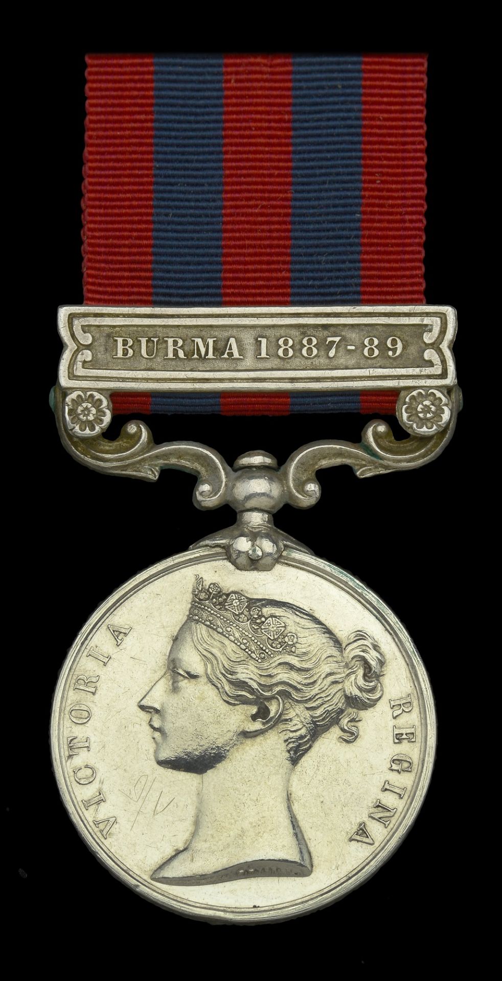 India General Service 1854-95, 1 clasp, Burma 1887-89 (1983 Pte. J. Baker 2d. Bn. Ches. R.)...