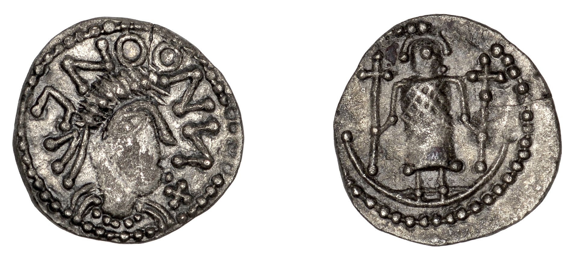 Early Anglo-Saxon Period, Sceatta, Secondary series L, type 12, diademed and draped bust rig...
