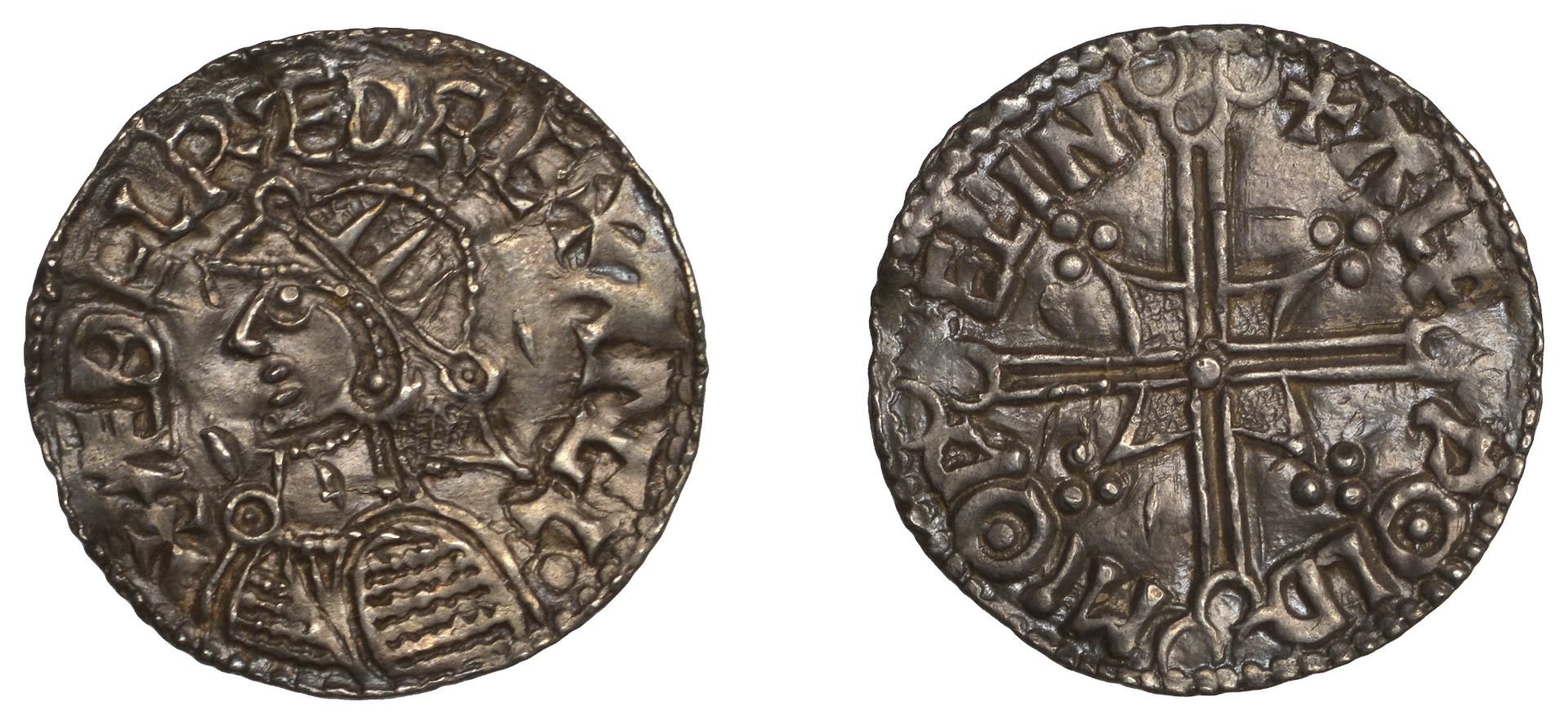 Ã†thelred II (978-1016), Penny, Helmet type, Wallingford, Alfwold, alfpold m'o pelin, 1.43g/7...