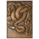 FRANCE, Python, 1936, a uniface bronze plaque by M. ThÃ©not, python coiled around the branch...