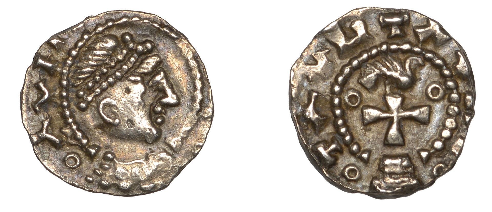 Early Anglo-Saxon Period, Sceatta, Primary series BX, type 26, diademed and draped bust righ...