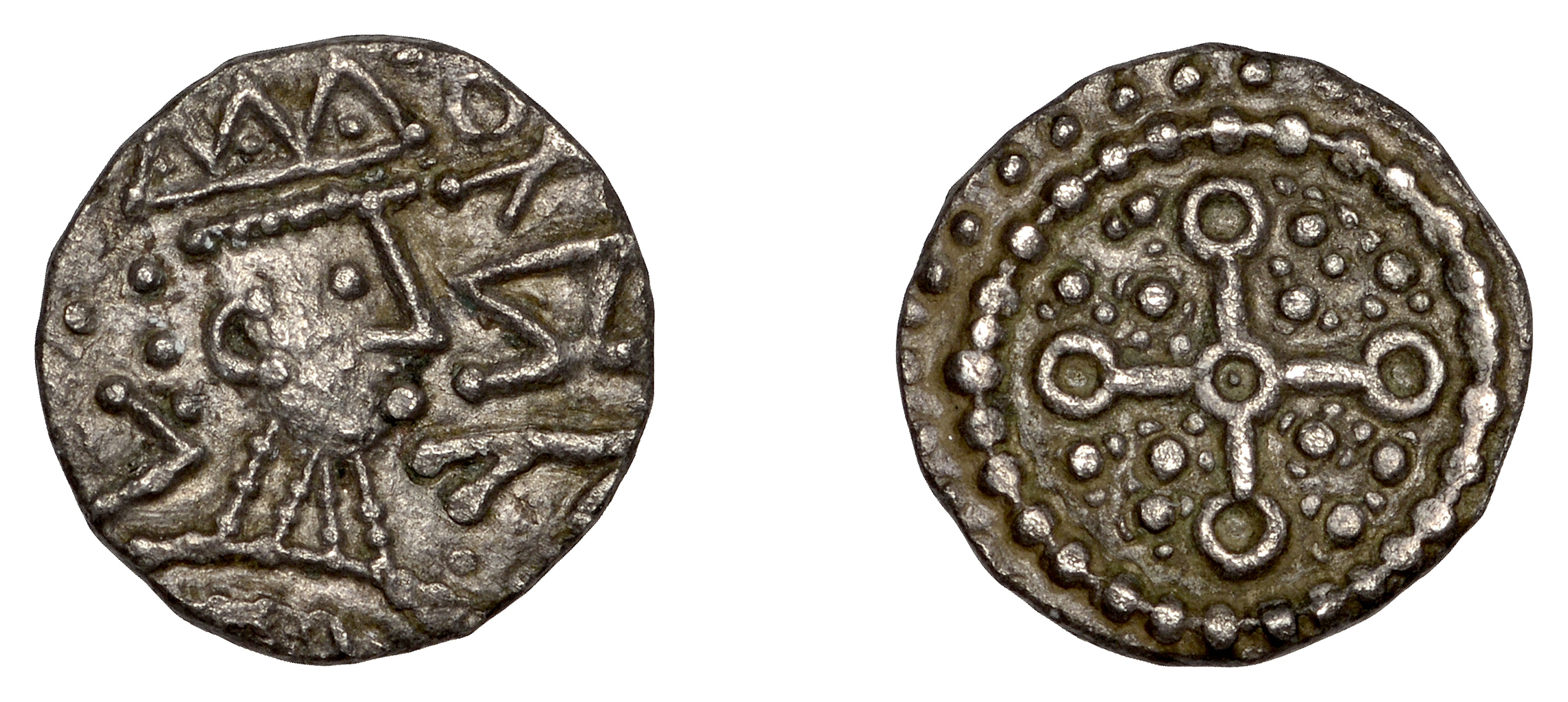 Early Anglo-Saxon Period, Sceatta, Secondary series R, derivative type P3c, radiate head rig...