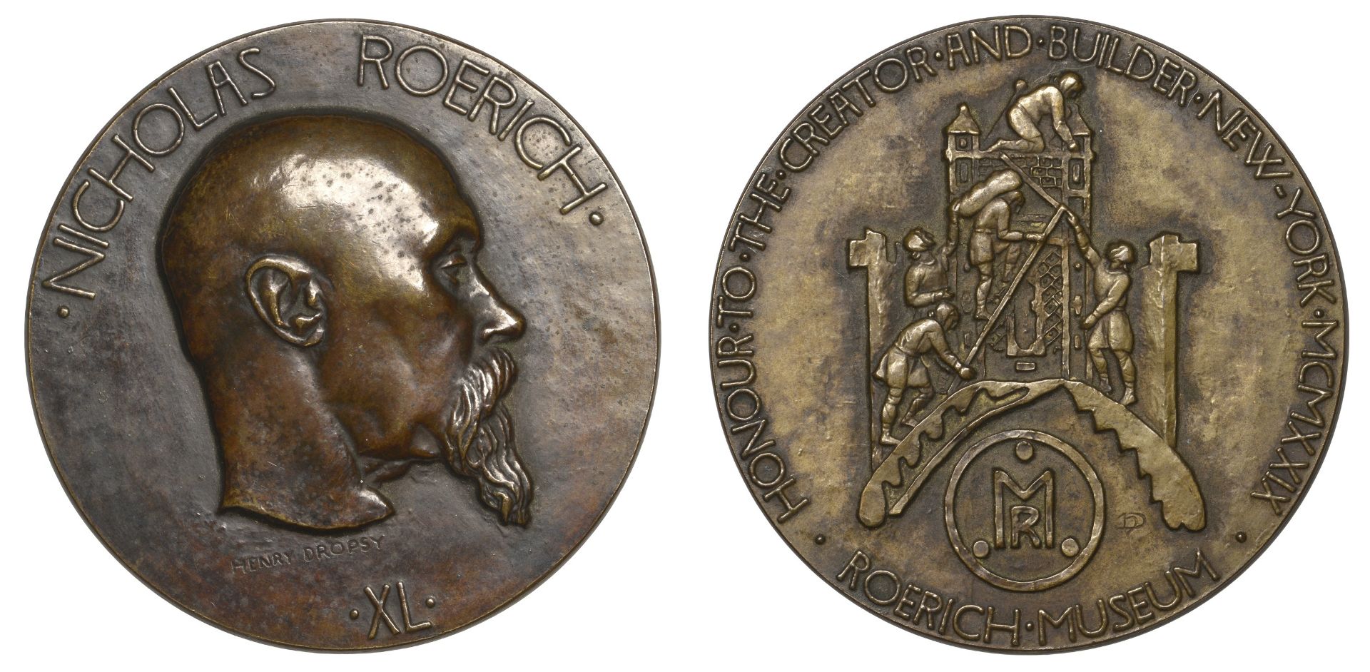 USA, Opening of the Nicholas Roerich Museum, New York, 1929, a bronze medal by H. Dropsy, ba...