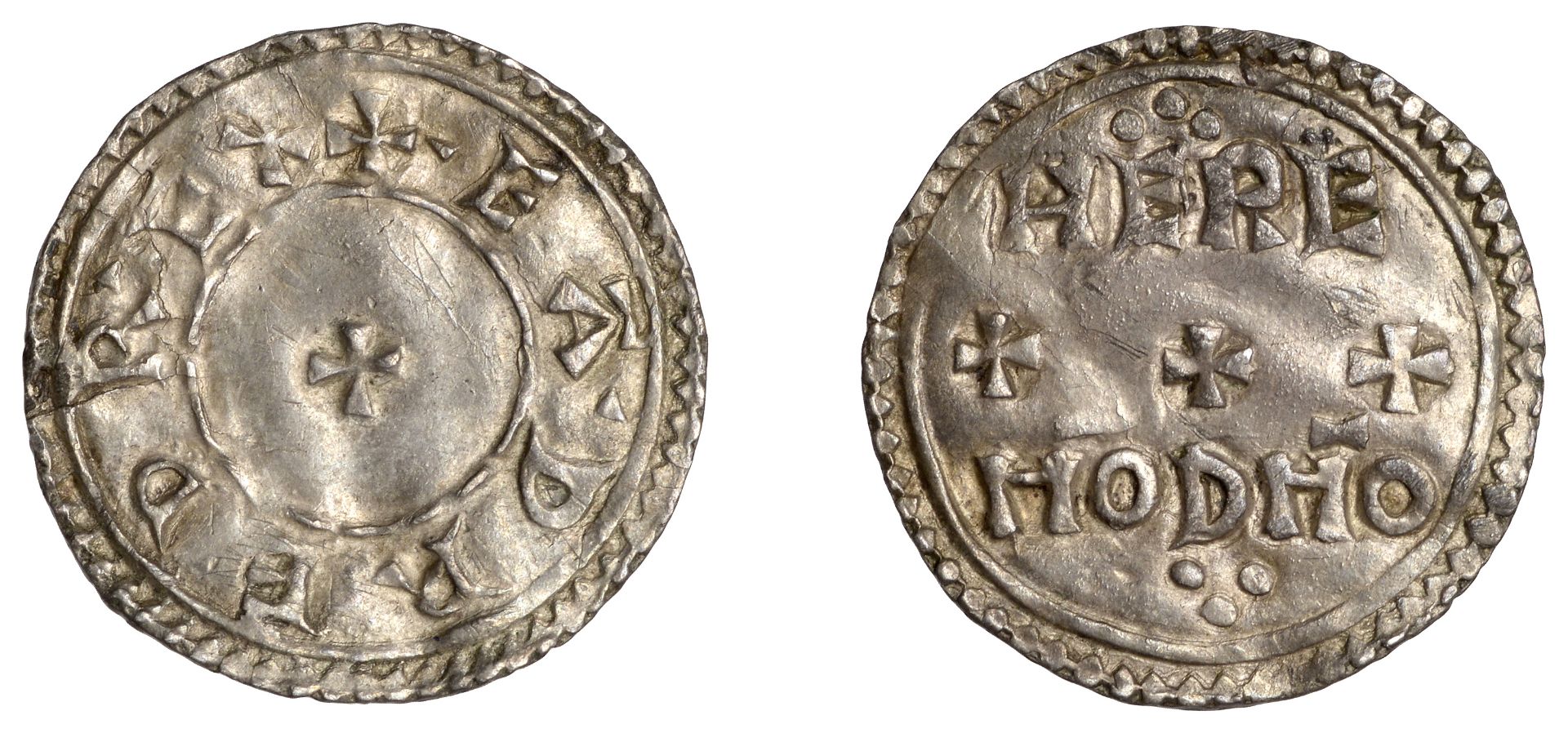 Eadred (946-955), Penny, Two Line type [HT 1], Heremod, rev. here mod m in two lines divided...
