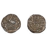 Early Anglo-Saxon Period, Sceatta, Primary series F, head right with pelleted helmet, rev. s...