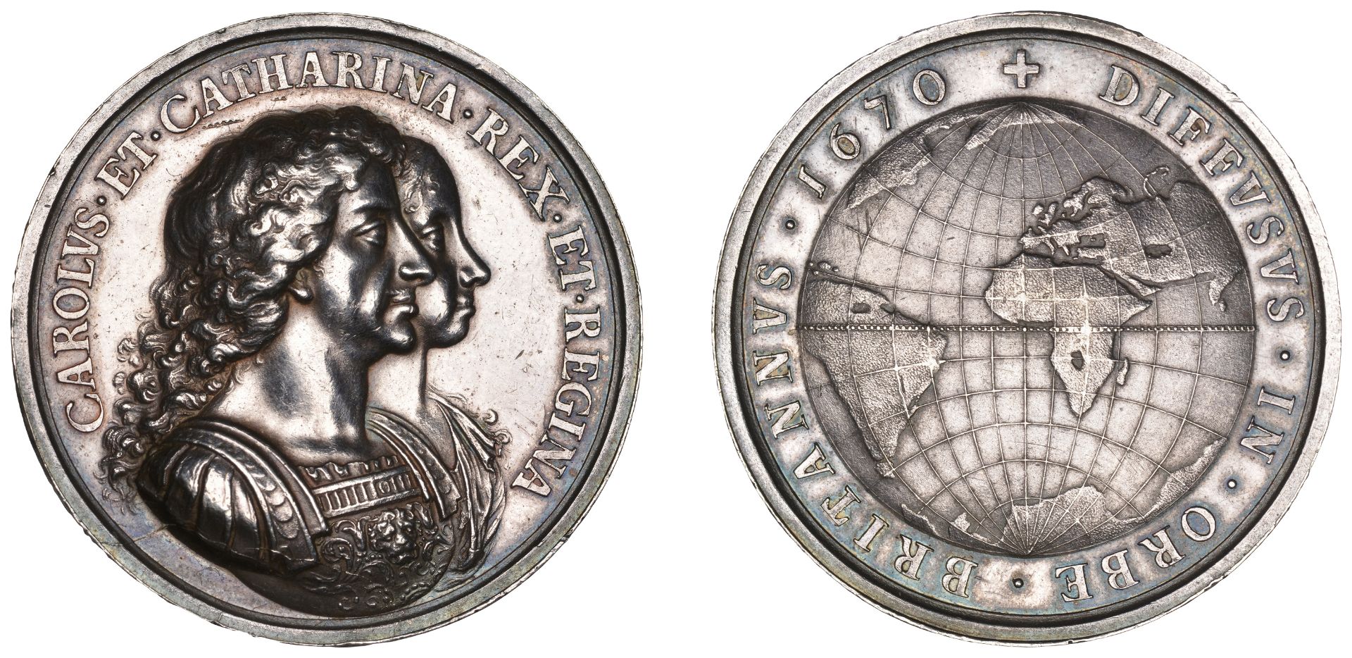 British Colonisation, 1670, a silver medal, unisgned [by J. Roettier], conjoined busts of Ch...