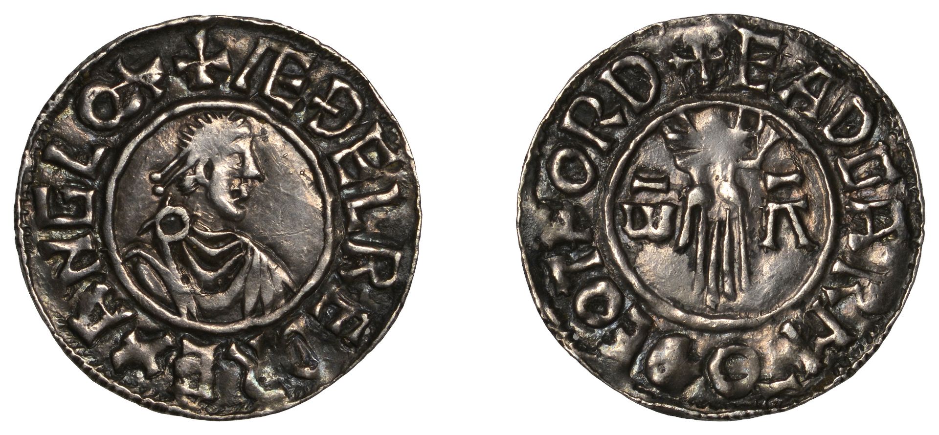 Ã†thelred II (978-1016), Penny, First Hand type, Thetford, Eadgar, eadgar m-o deotford, Î» and...