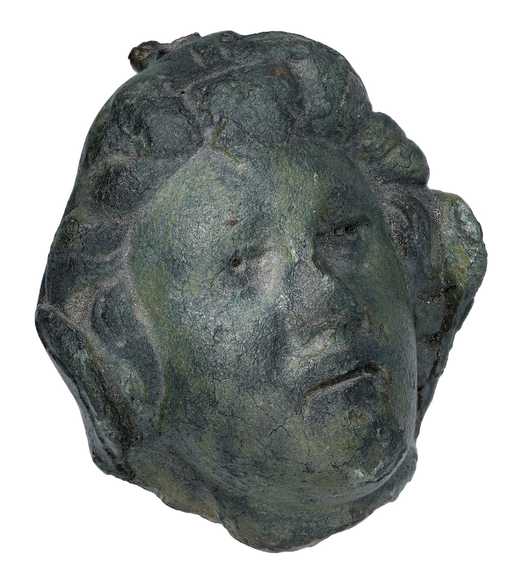 Roman, 1st-2nd century, lead-filled bronze steelyard weight of the head of a youthful Hercul...