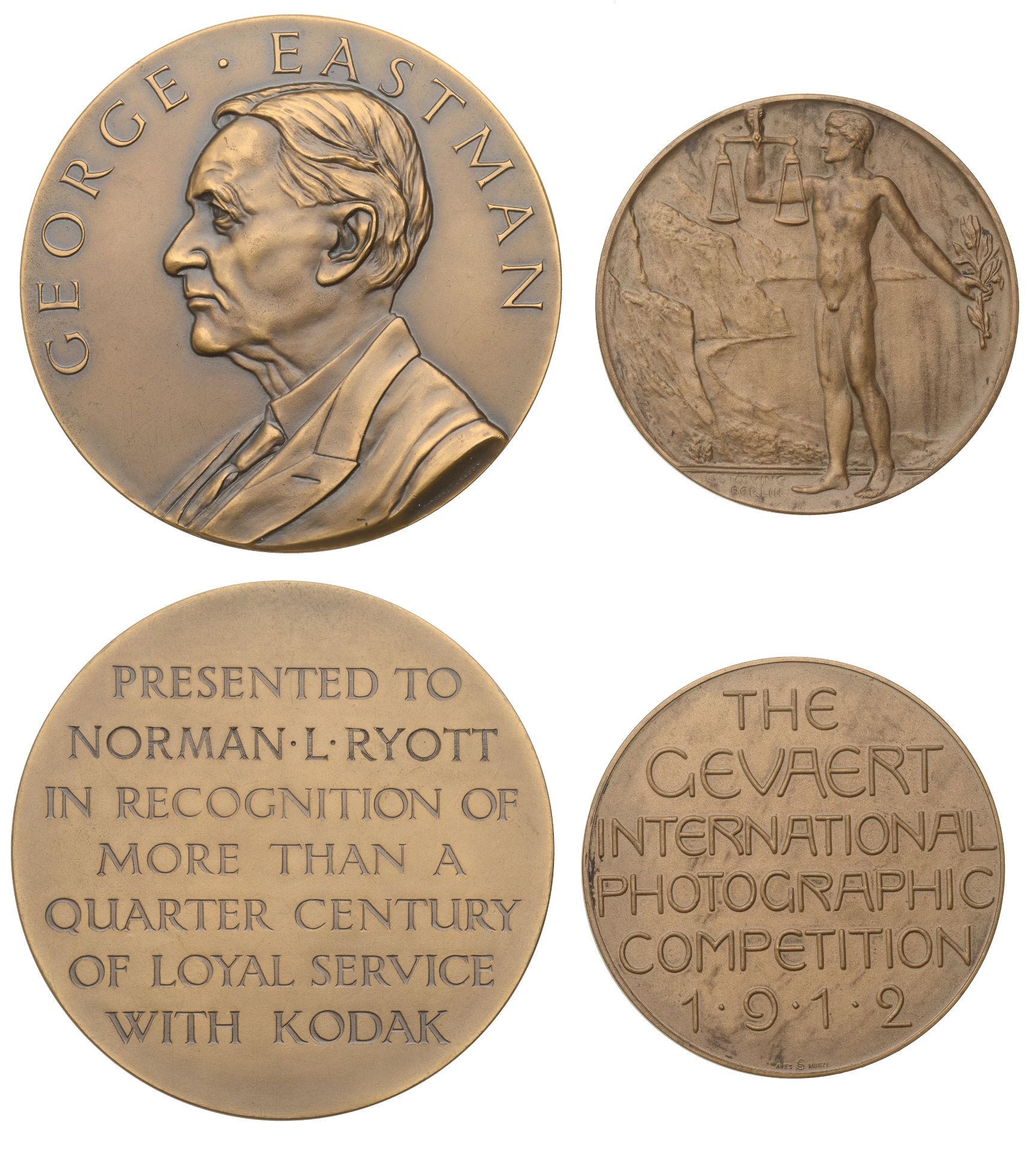 Eastman Kodak, c. 1950, a bronze award medal for 25 Years' Service by J.R. Pinches, named (N...