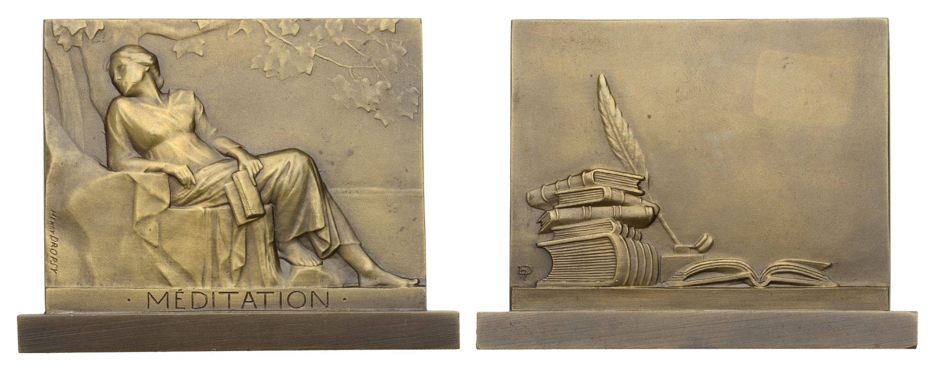 FRANCE, MÃ©ditation, 1930, an Art DÃ©co bronze plaque by H. Dropsy, robed female seated right...