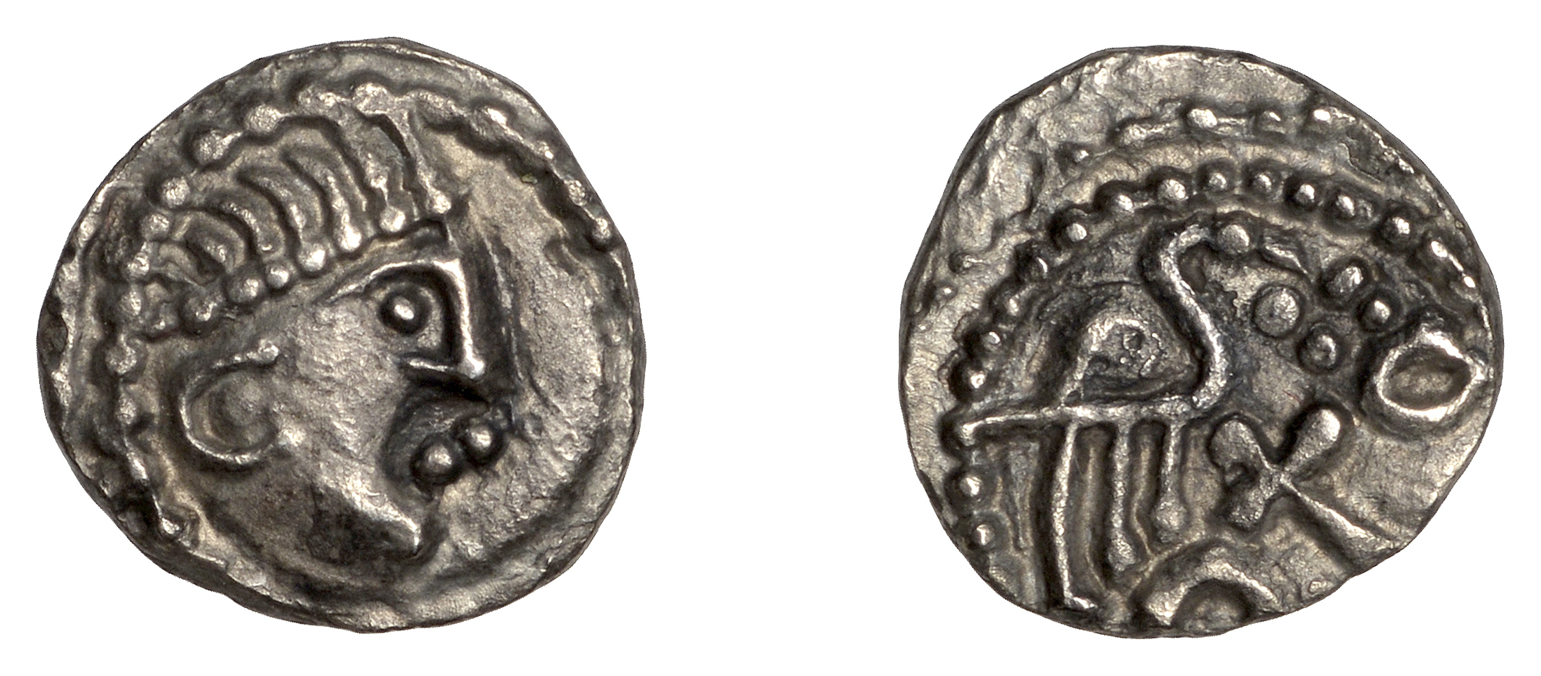 Early Anglo-Saxon Period, Sceatta, Secondary series J, type 84, diademed head right, rev. bi...