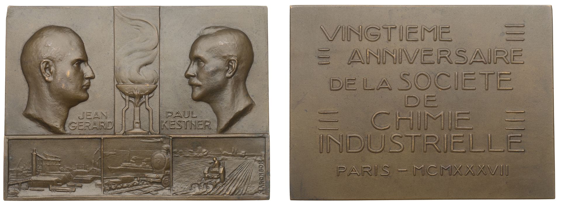 FRANCE, 20e Anniversaire de la SociÃ©tÃ© de Chimie Industrielle, Paris, 1937, a bronze plaque...