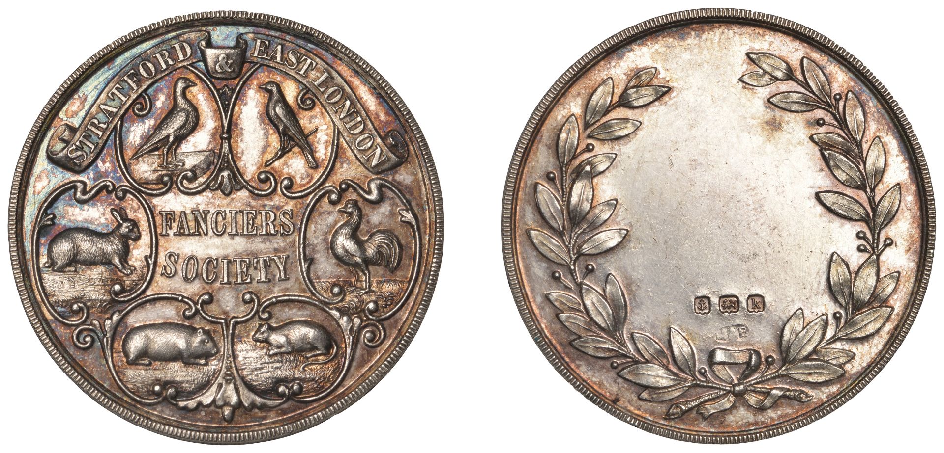 Stratford & East London Fanciers Society, a silver award medal by Marples & Beasley, undated...