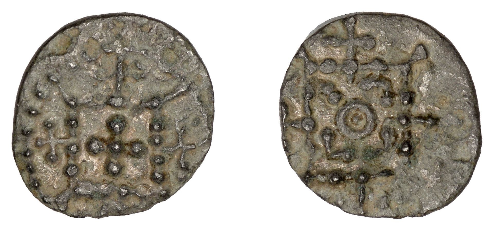 Early Anglo-Saxon Period, Sceatta, Eclectic series, type 70, pelleted cross within standard,...