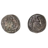 Early Anglo-Saxon Period, Sceatta, Secondary series N, type 41, two standing figures, the ri...