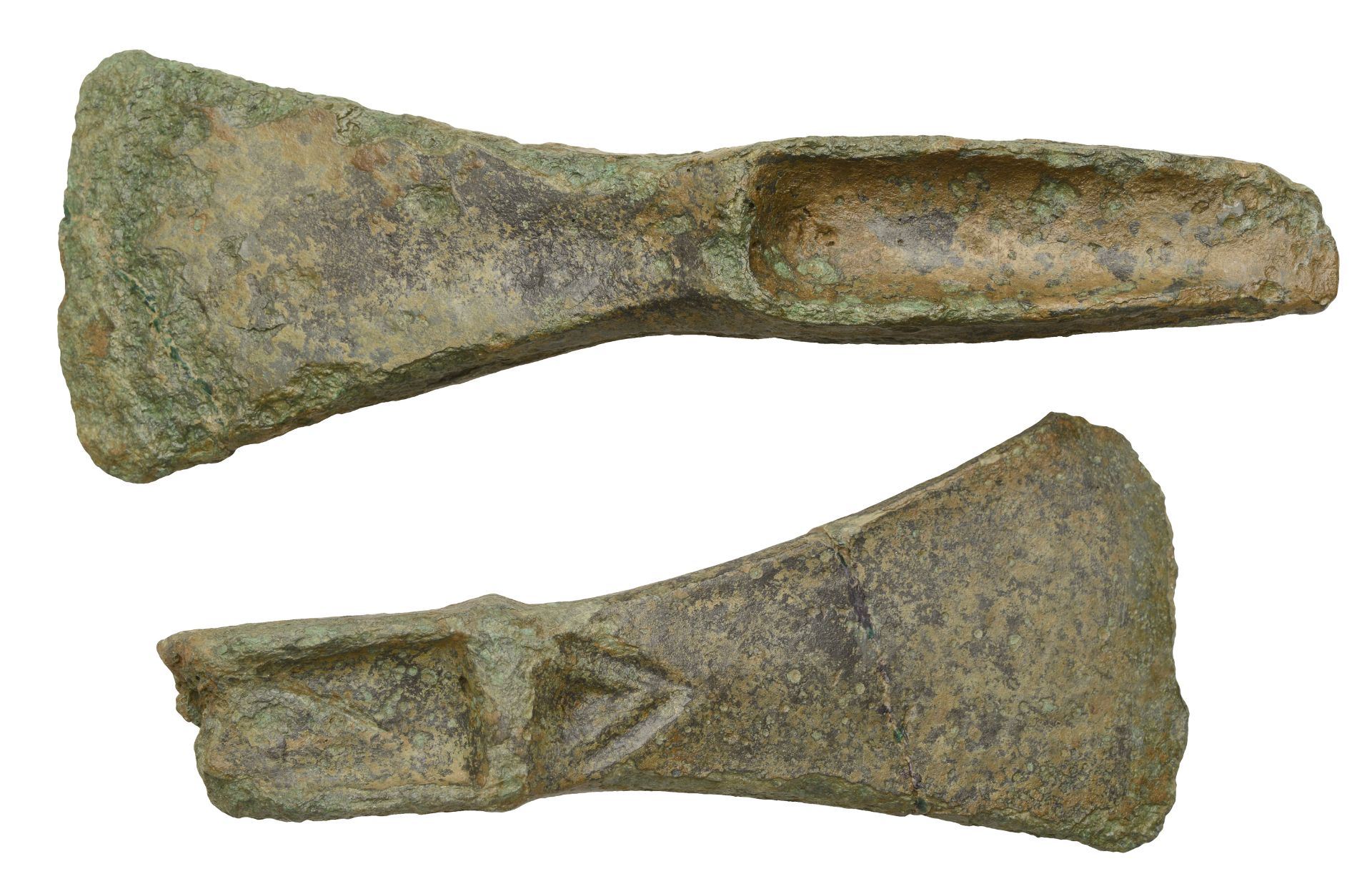 Bronze Age, hoard of palstaves (2), c. 1300-1100 BC, first 13cm long by 5.7cm wide by 2.5cm...