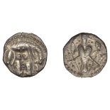 Early Anglo-Saxon Period, Sceatta, Secondary series V, type 7, she-wolf right, looking down,...