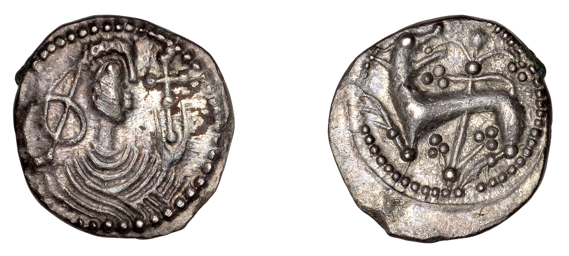 Early Anglo-Saxon Period, Sceatta, Secondary series K, type 42, draped bust right, hair knot...