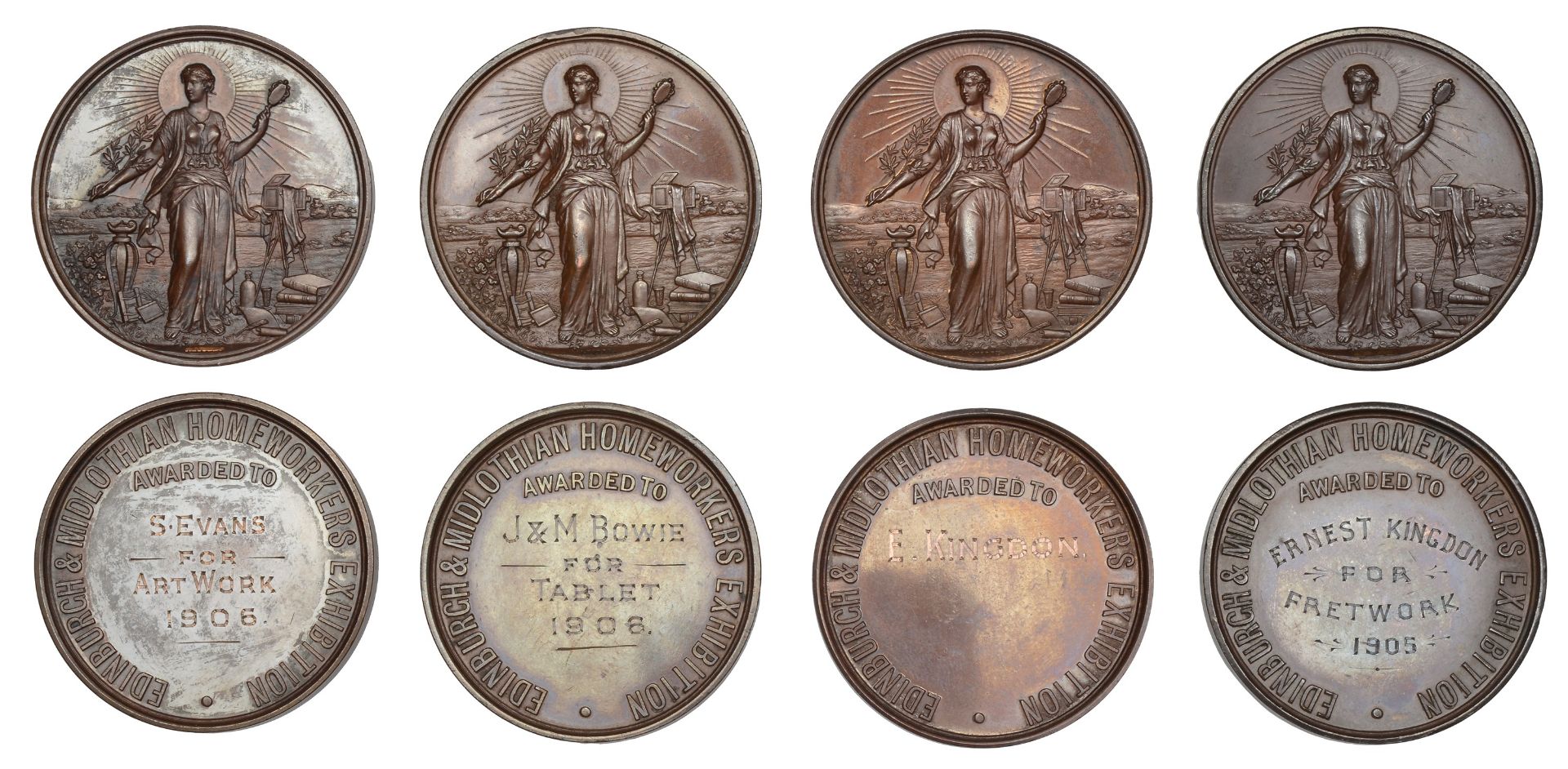 Edinburgh & Midlothian Homeworkers Exhibition, bronze award medals (4), by J. Moore, standin...