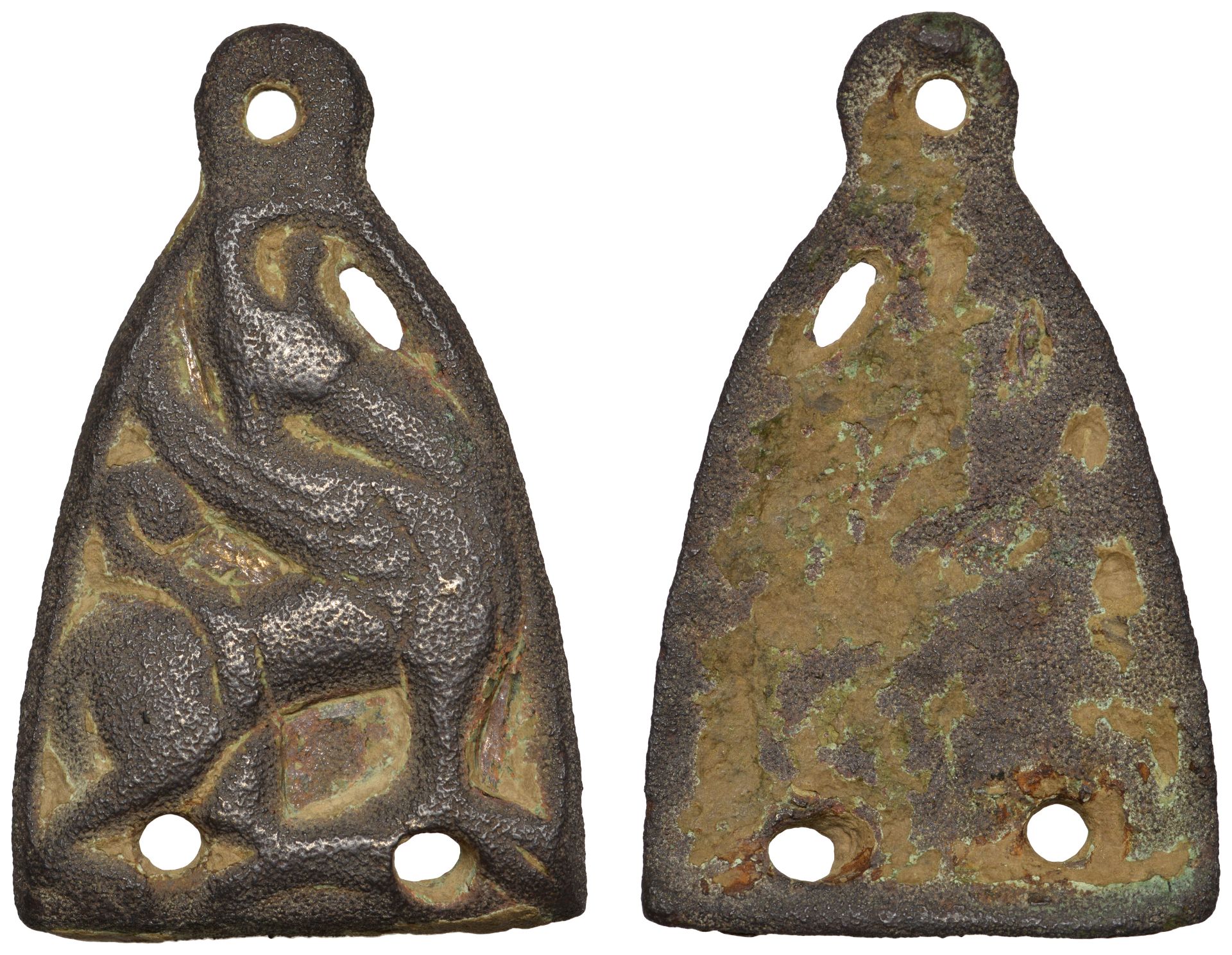 Anglo-Saxon, a bronze stirrup mount, 11th century, 5.5cm long by 3.3cm wide, sub-triangular...