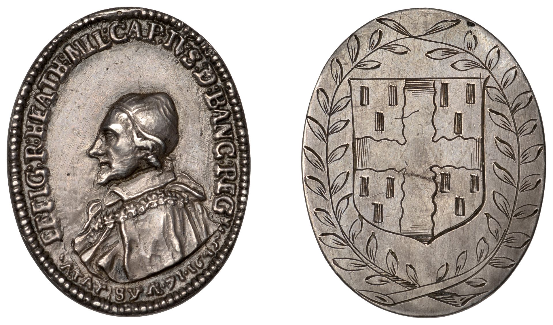 Chief Justice Sir Robert Heath, 1645, a contemporary oval cast and chased silver medal by T....