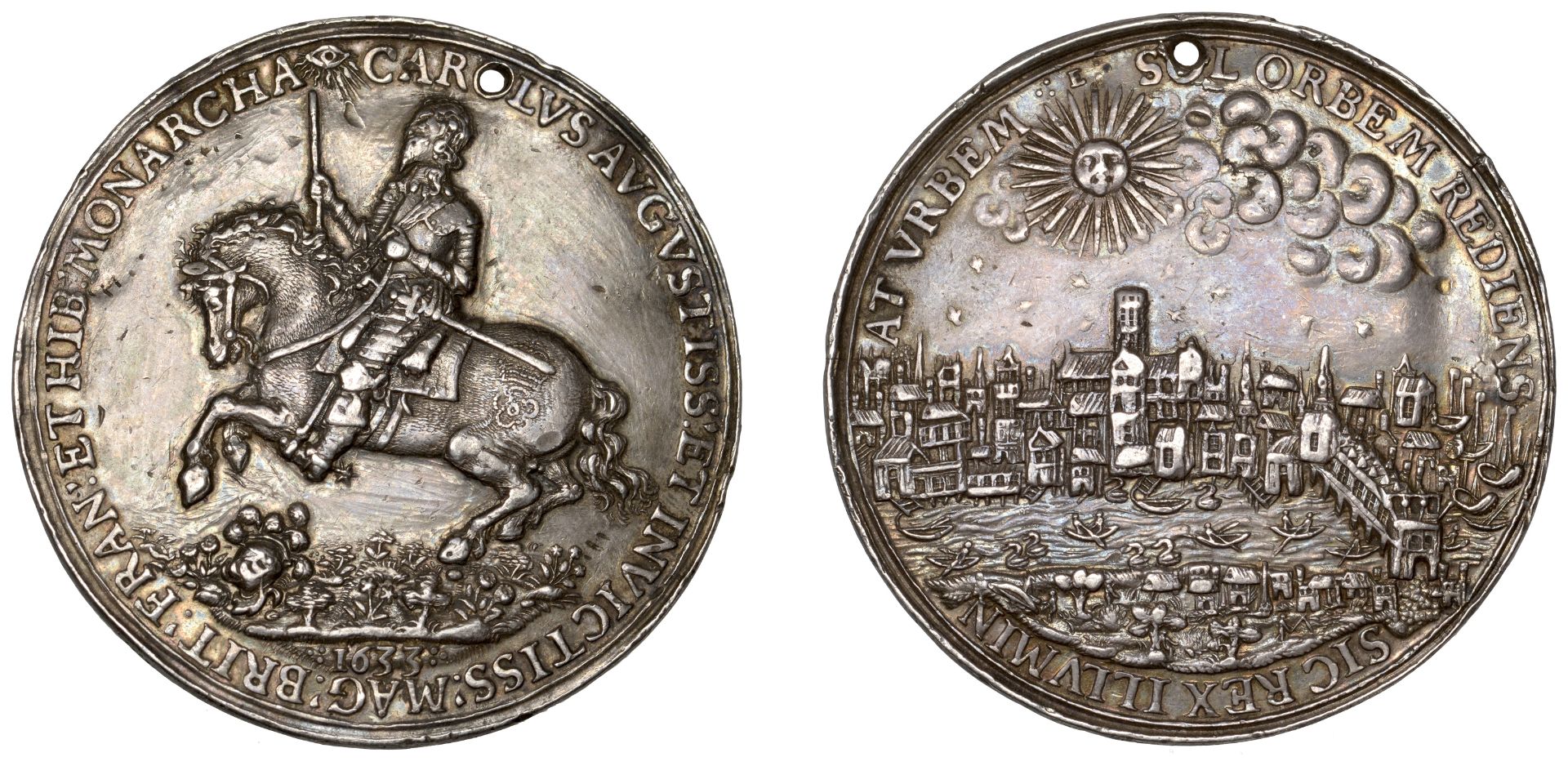 Charles I, Return to London, 1633, a cast silver medal by N. Briot, king on horseback left,...