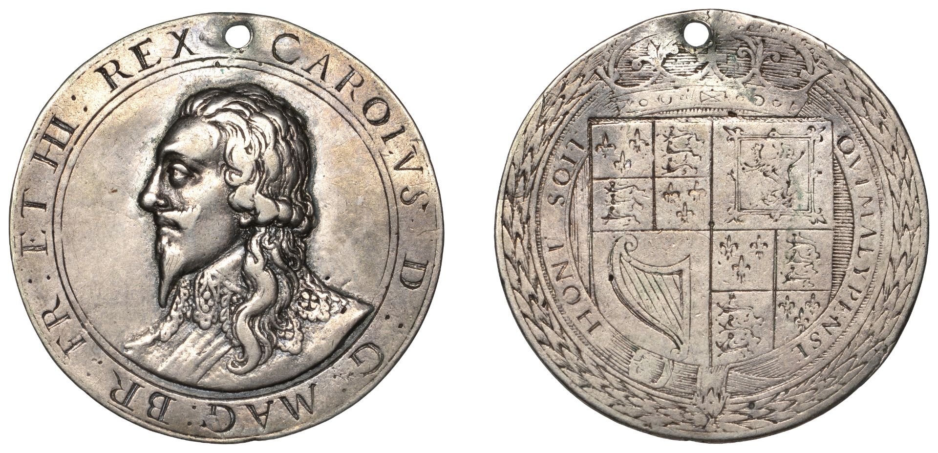 Charles I, c. 1630, a cast and chased silver medal or 'Pattern Halfcrown' by T. Rawlins, bus...