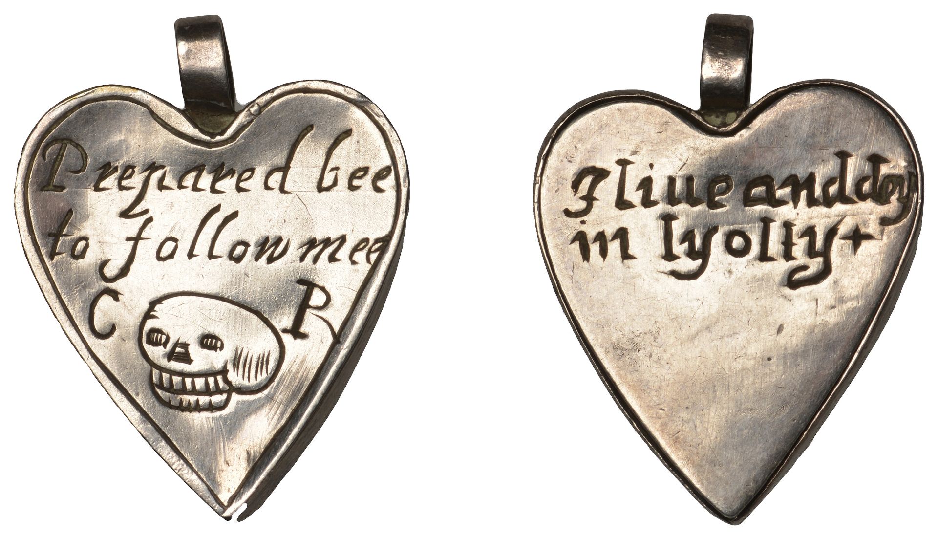 Charles I, a silver heart-shaped locket, obv. outside engraved with a skull between C-R, pre...