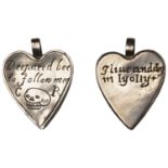 Charles I, a silver heart-shaped locket, obv. outside engraved with a skull between C-R, pre...