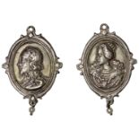 Charles I and Henrietta Maria, a cast and chased silver Royalist badge, unsigned [by T. Rawl...