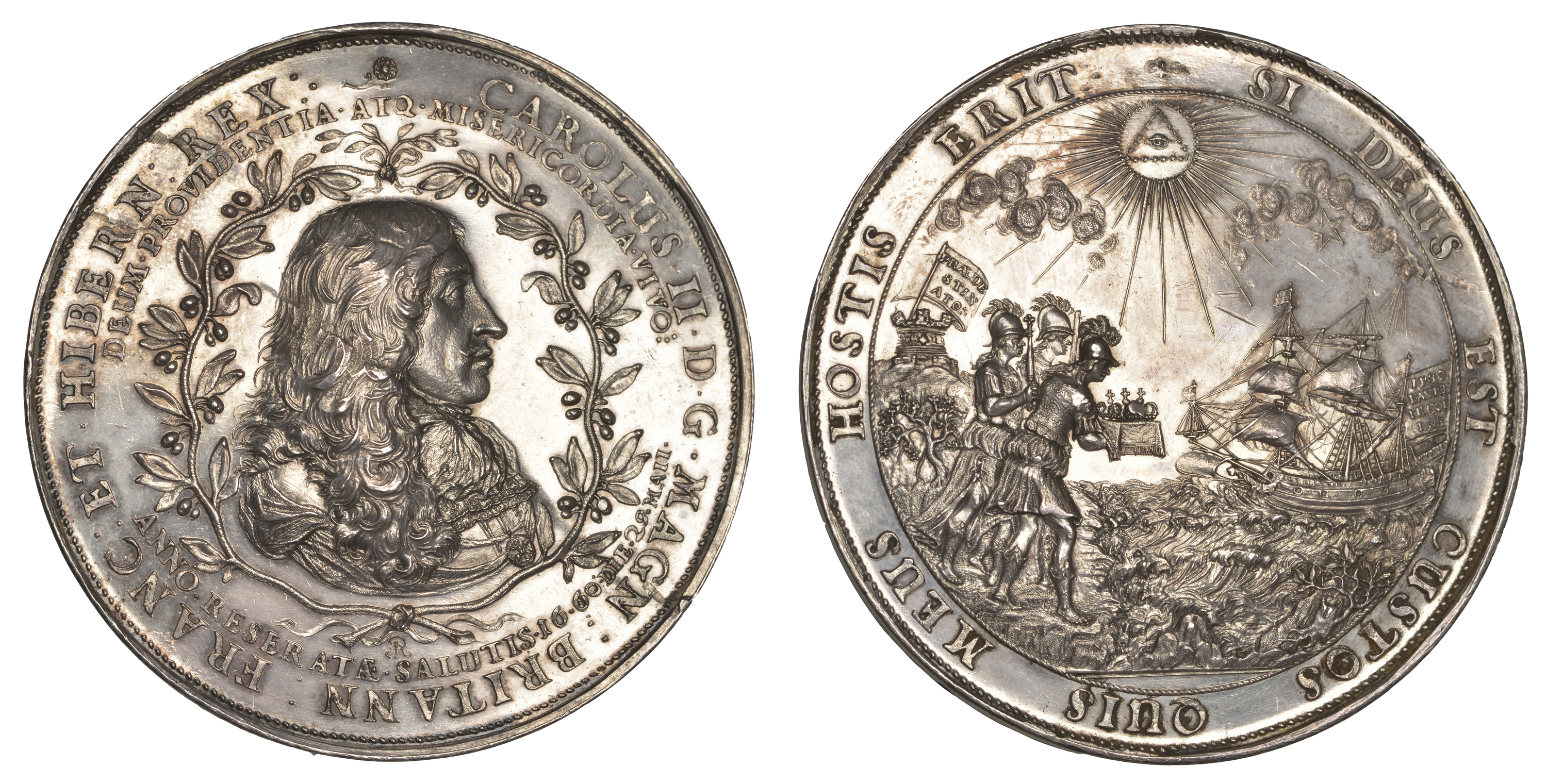 Charles II, Landing at Dover, 1660, a silver medal by J. Roettiers, bust right with long hai...