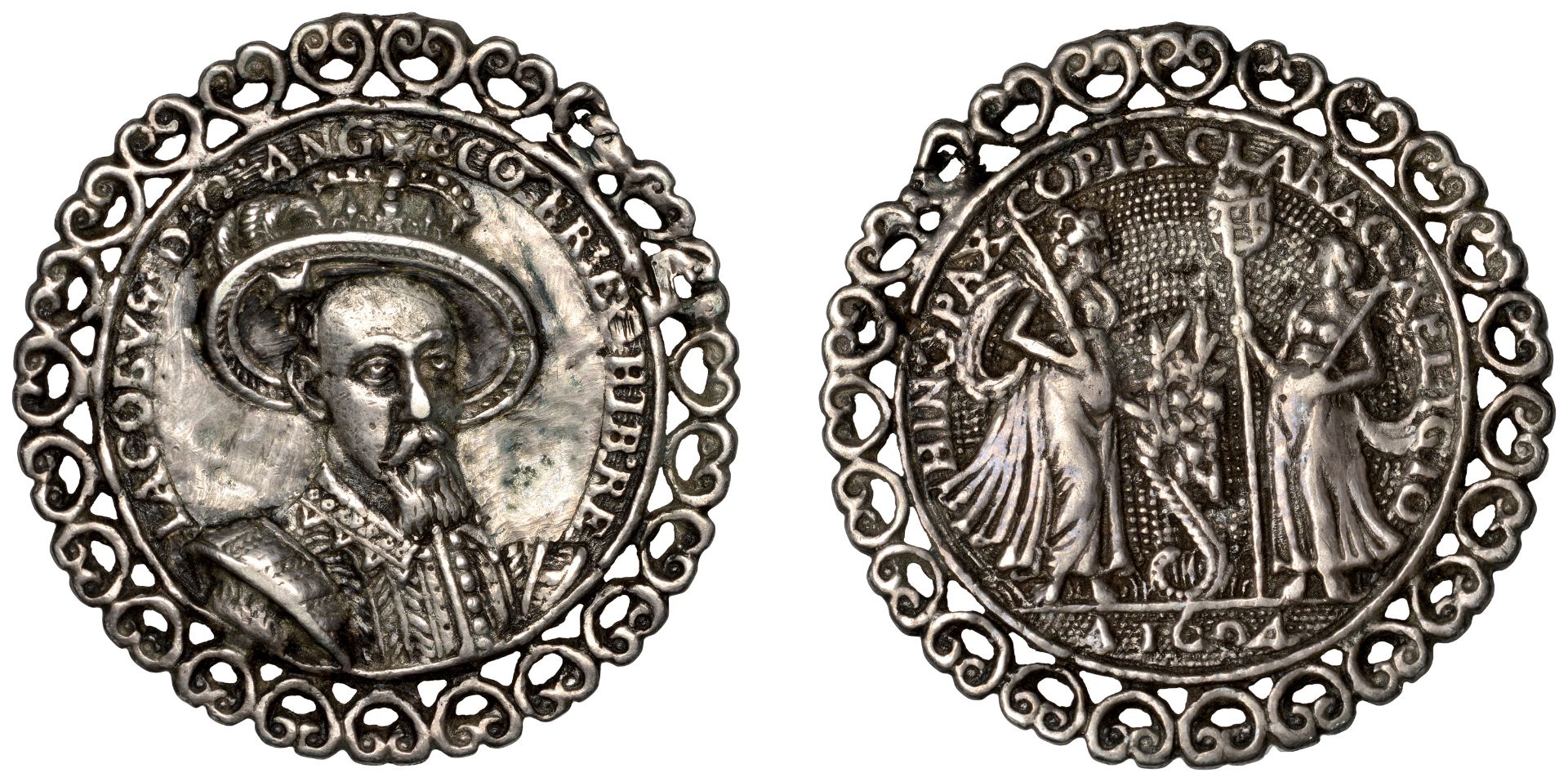 Peace Treaty with Spain, 1604, a cast silver medal by N. Hilliard, bust of James I three-qua...