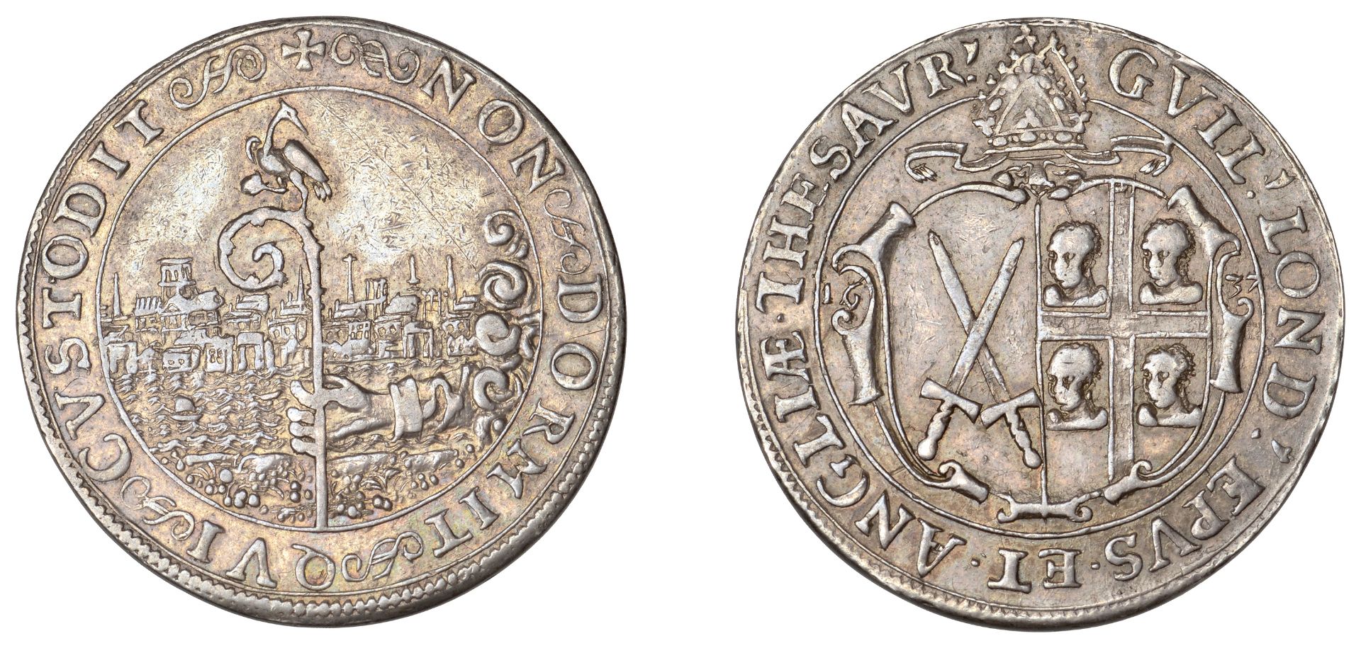 William Juxon, Bishop of London, 1637, a silver medal by N. Briot, conjoined arms of the See...