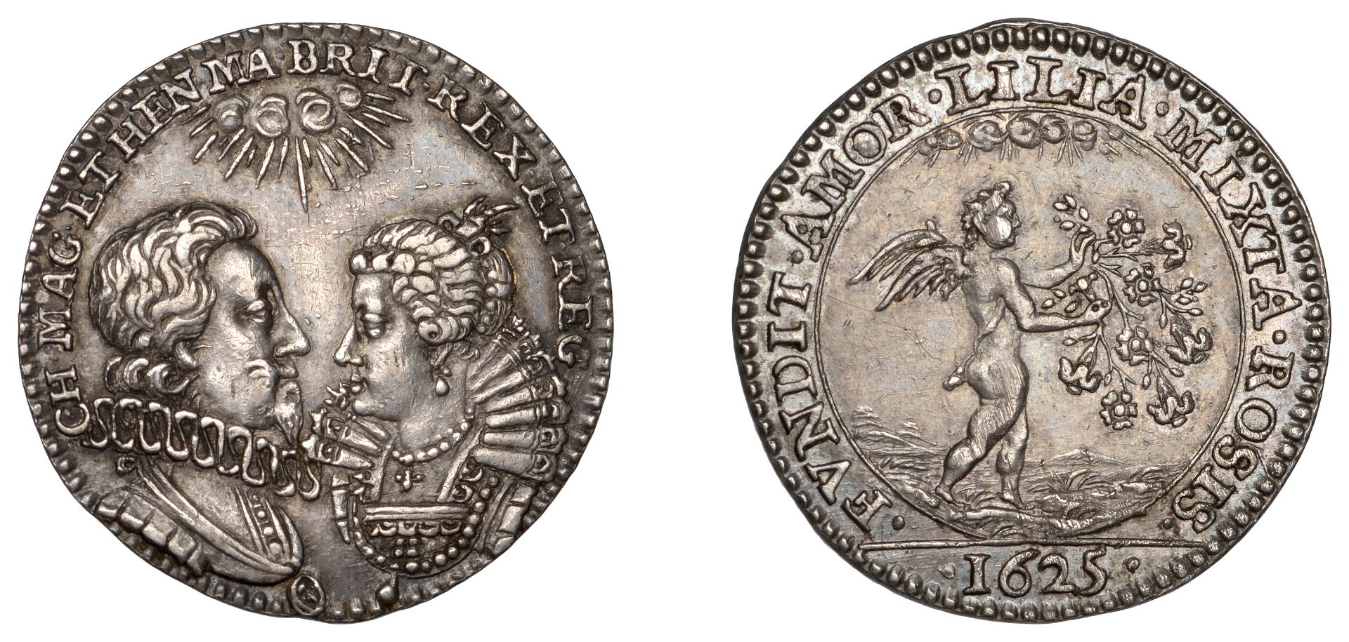 Marriage of Charles I and Henrietta Maria, 1625, a silver medal, unsigned [by P. Regnier], b...