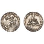 Defeat of the Spanish Armada, 1589, a silver jeton, unsigned, Elizabeth I seated left in car...