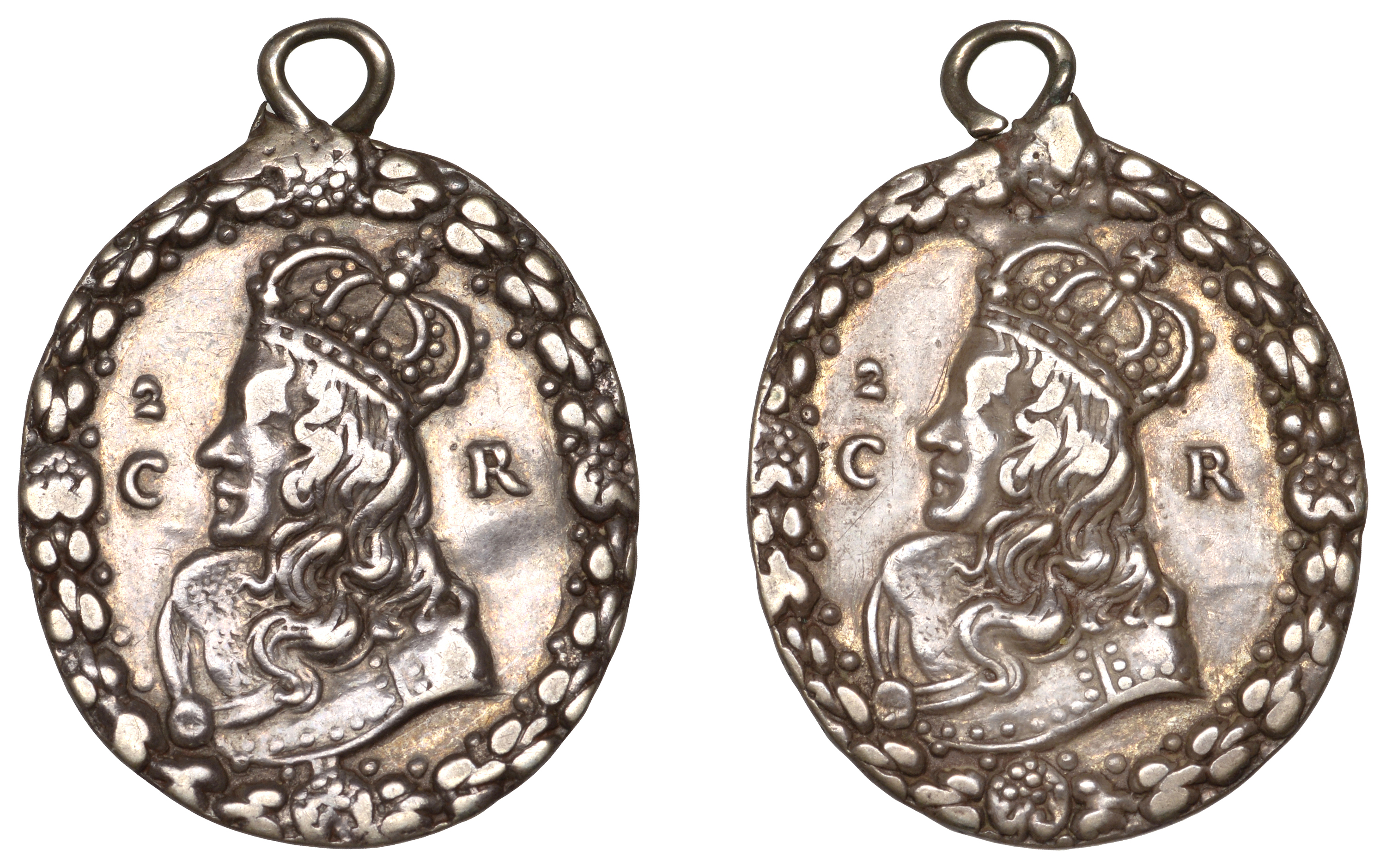 Charles II, a silver Royalist badge, unsigned [possibly by T. Rawlins], crowned armoured bus...