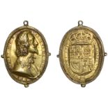 Charles I, a cast and chased silver-gilt Royalist badge, unsigned, bare-headed bust right su...