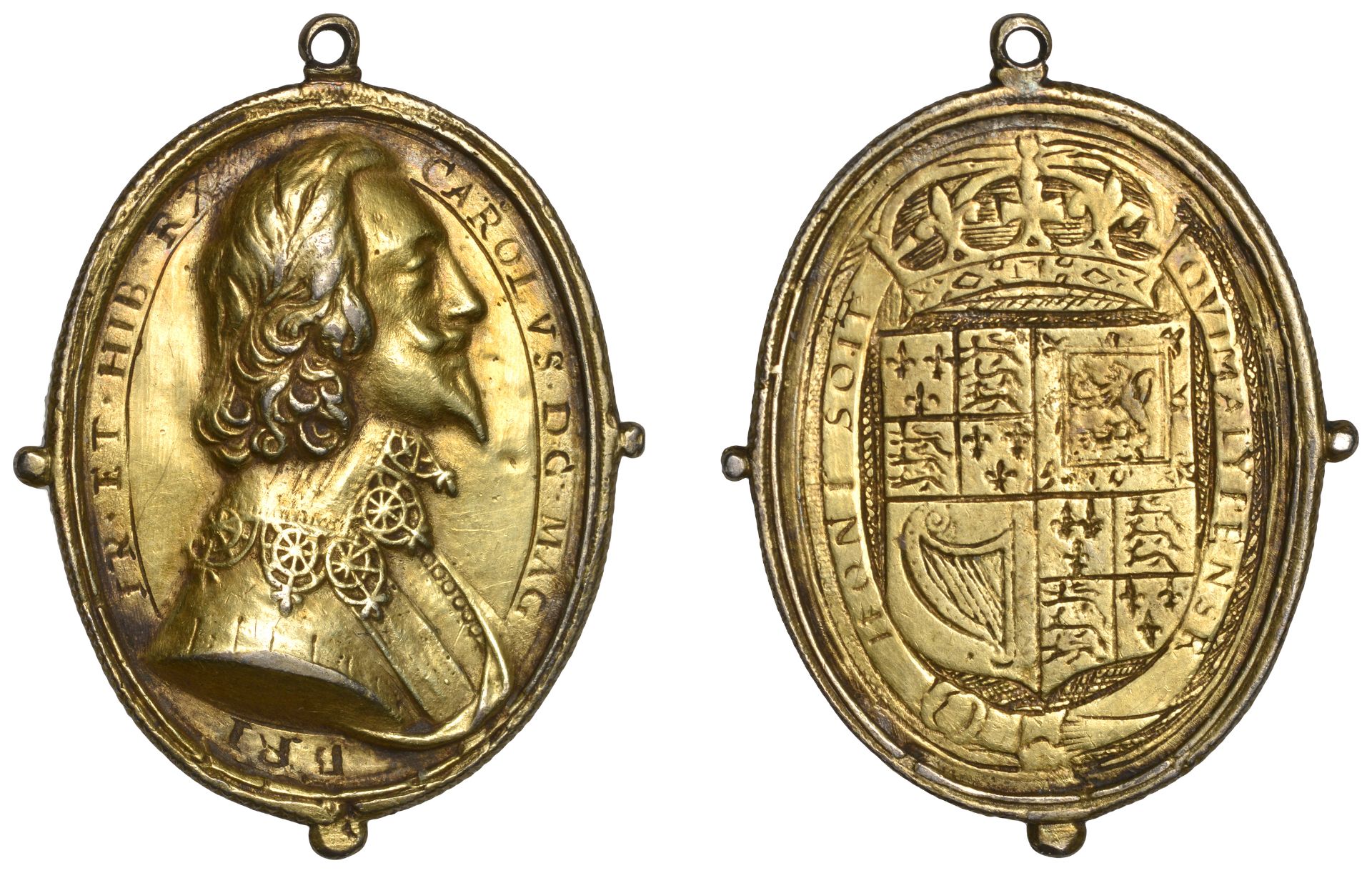 Charles I, a cast and chased silver-gilt Royalist badge, unsigned, bare-headed bust right su...