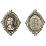 Charles I, a cast silver Royalist badge, unsigned, bare-headed bust left with long hair and...